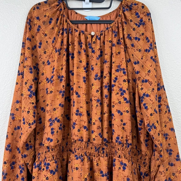 Draper James RSVP Womens Brown Floral LS Smocked Waist Midi Dress Plus 3X 24 26W - Picture 3 of 16